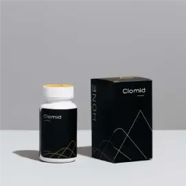A bottle of Clomiphene Citrate tablets from Hone next to its bottle
