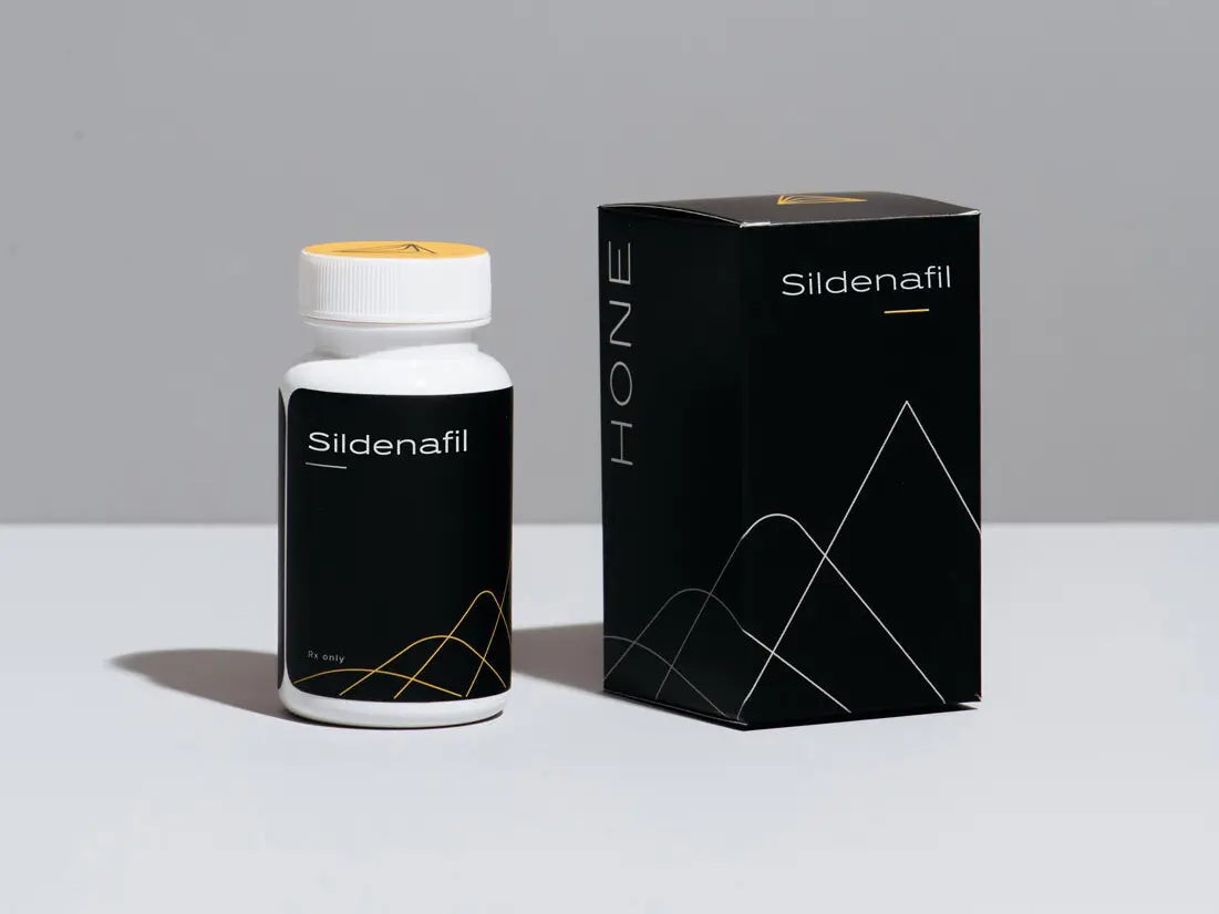 A bottle of sildenafil from Hone with its box